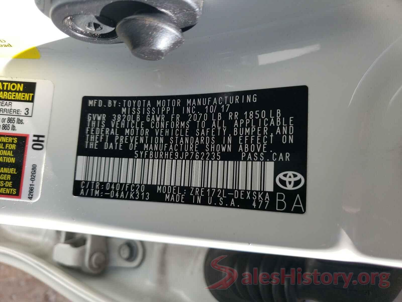 5YFBURHE9JP762235 2018 TOYOTA COROLLA