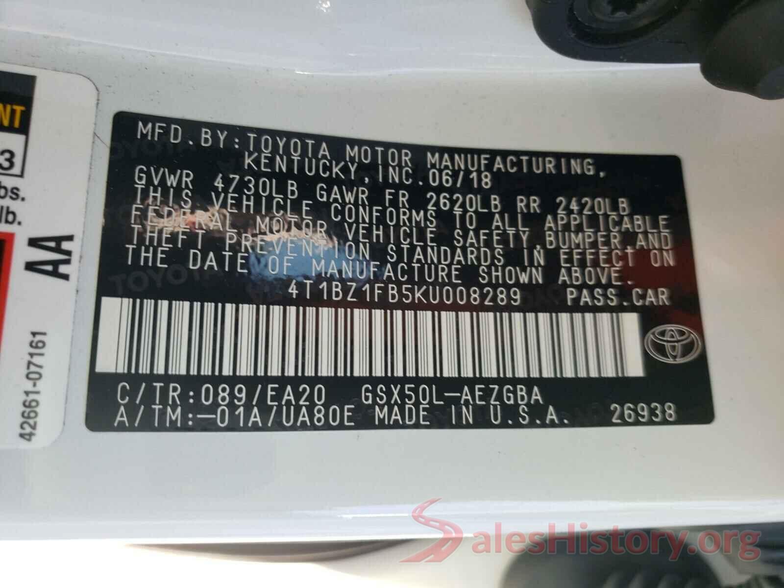 4T1BZ1FB5KU008289 2019 TOYOTA AVALON