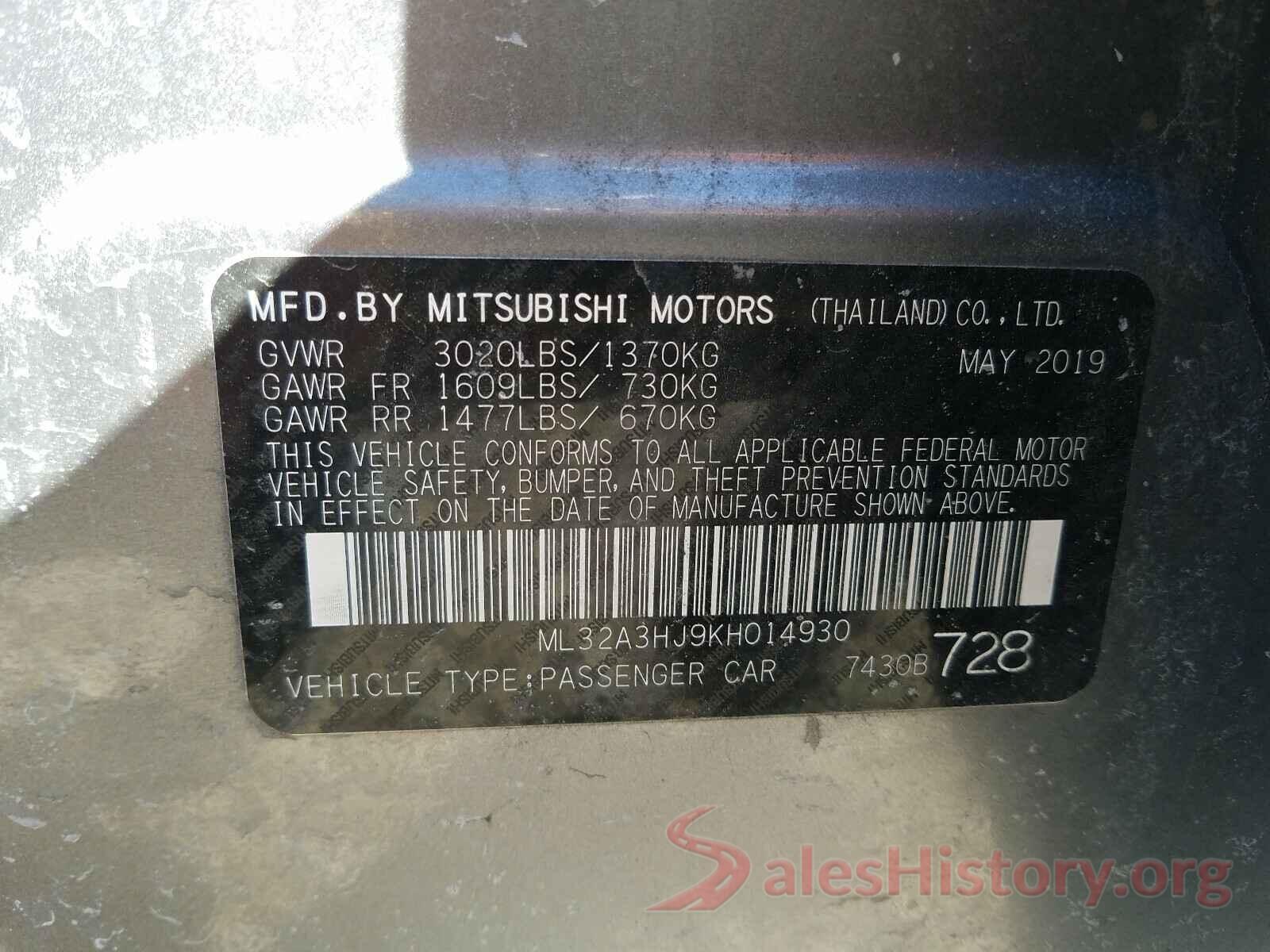 ML32A3HJ9KH014930 2019 MITSUBISHI MIRAGE