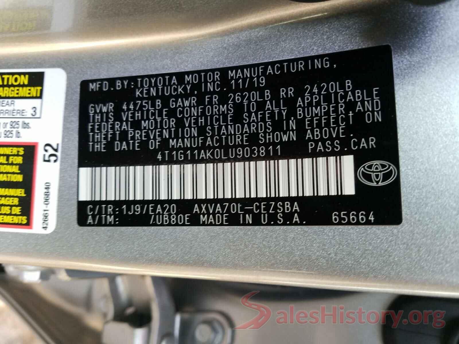 4T1G11AK0LU903811 2020 TOYOTA CAMRY