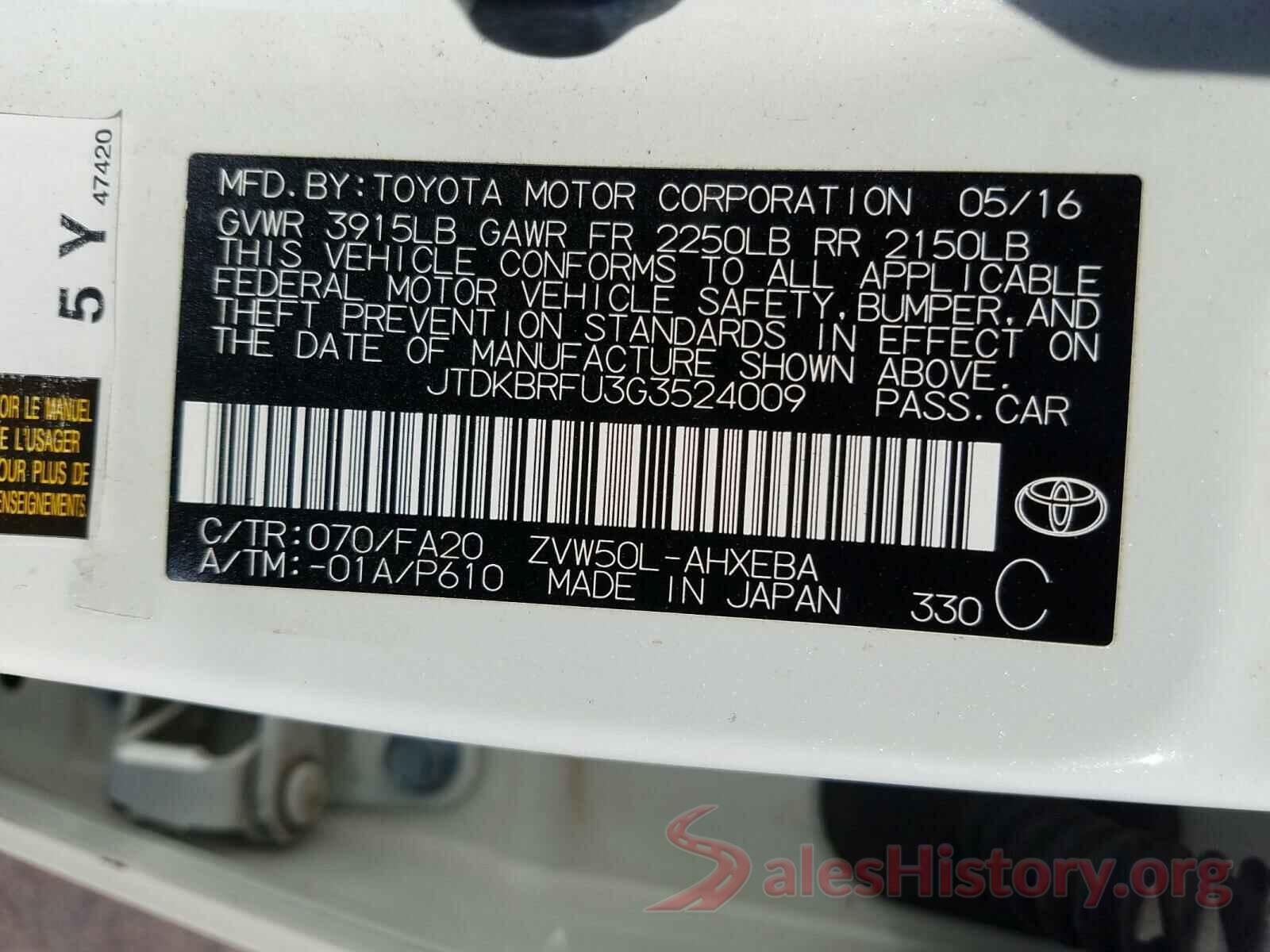 JTDKBRFU3G3524009 2016 TOYOTA PRIUS