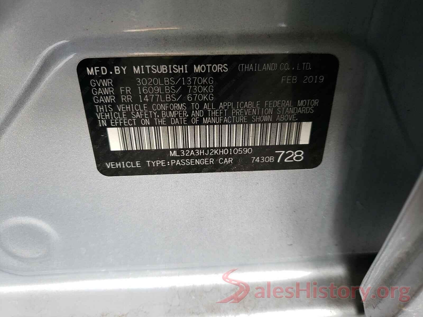 ML32A3HJ2KH010590 2019 MITSUBISHI MIRAGE