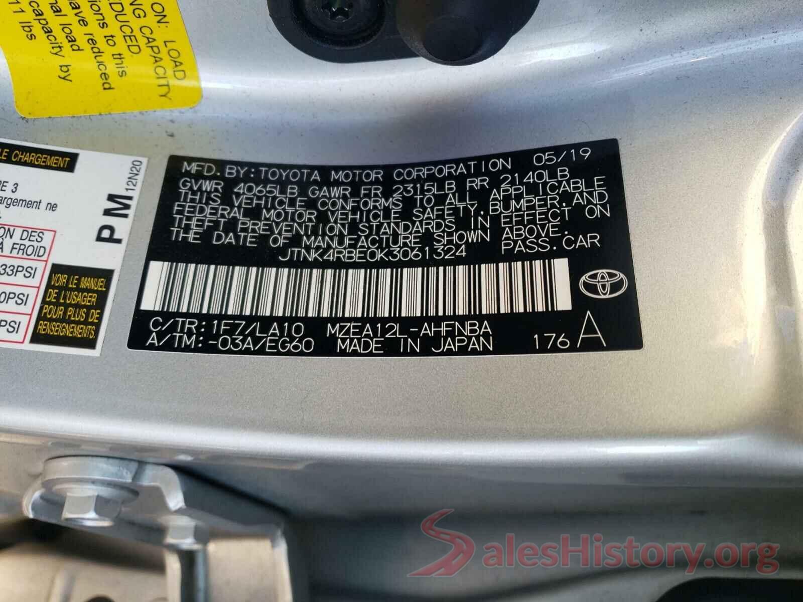 JTNK4RBE0K3061324 2019 TOYOTA COROLLA