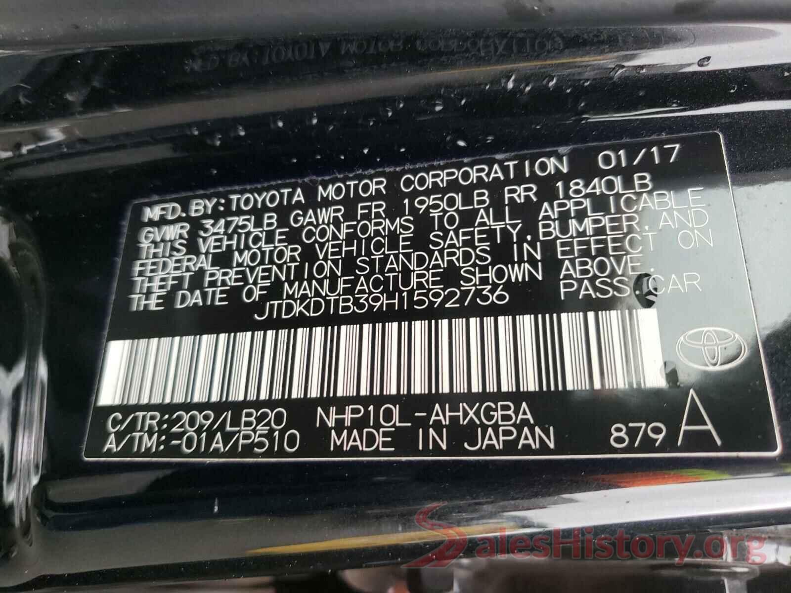 JTDKDTB39H1592736 2017 TOYOTA PRIUS