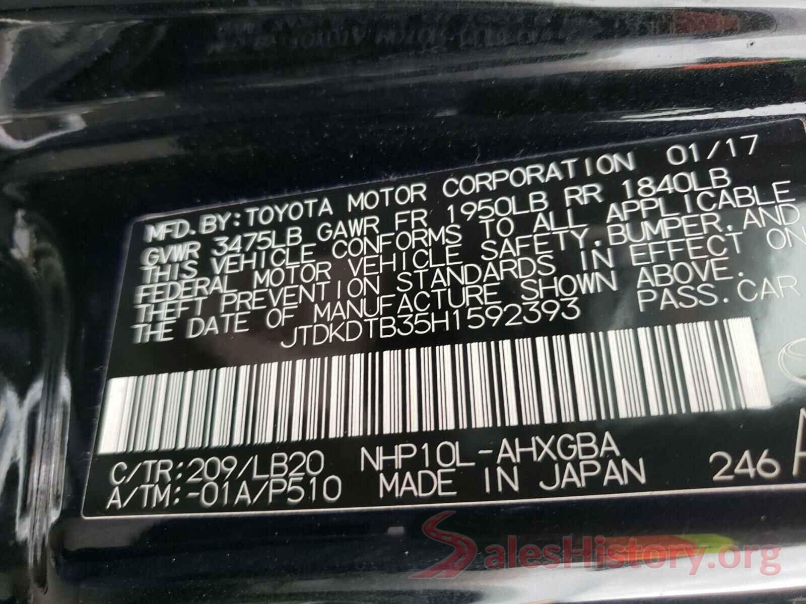 JTDKDTB35H1592393 2017 TOYOTA PRIUS