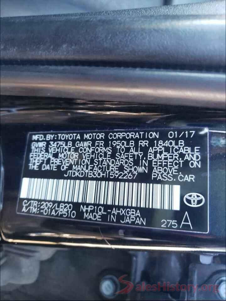 JTDKDTB30H1592267 2017 TOYOTA PRIUS