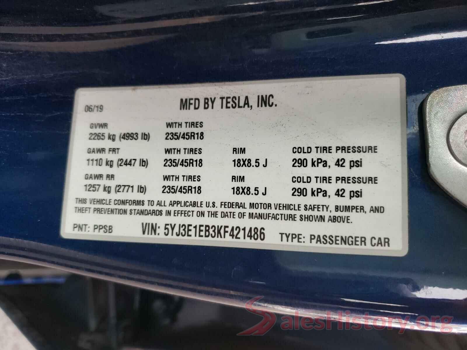 5YJ3E1EB3KF421486 2019 TESLA MODEL 3