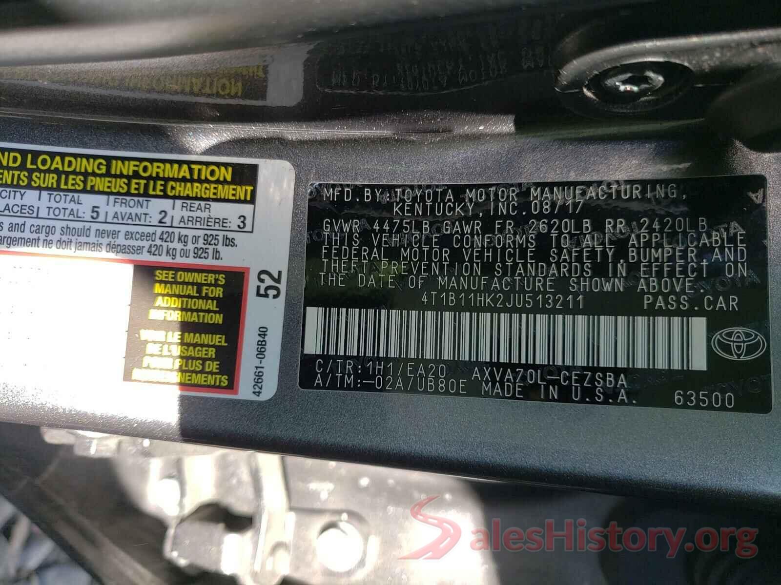 4T1B11HK2JU513211 2018 TOYOTA CAMRY