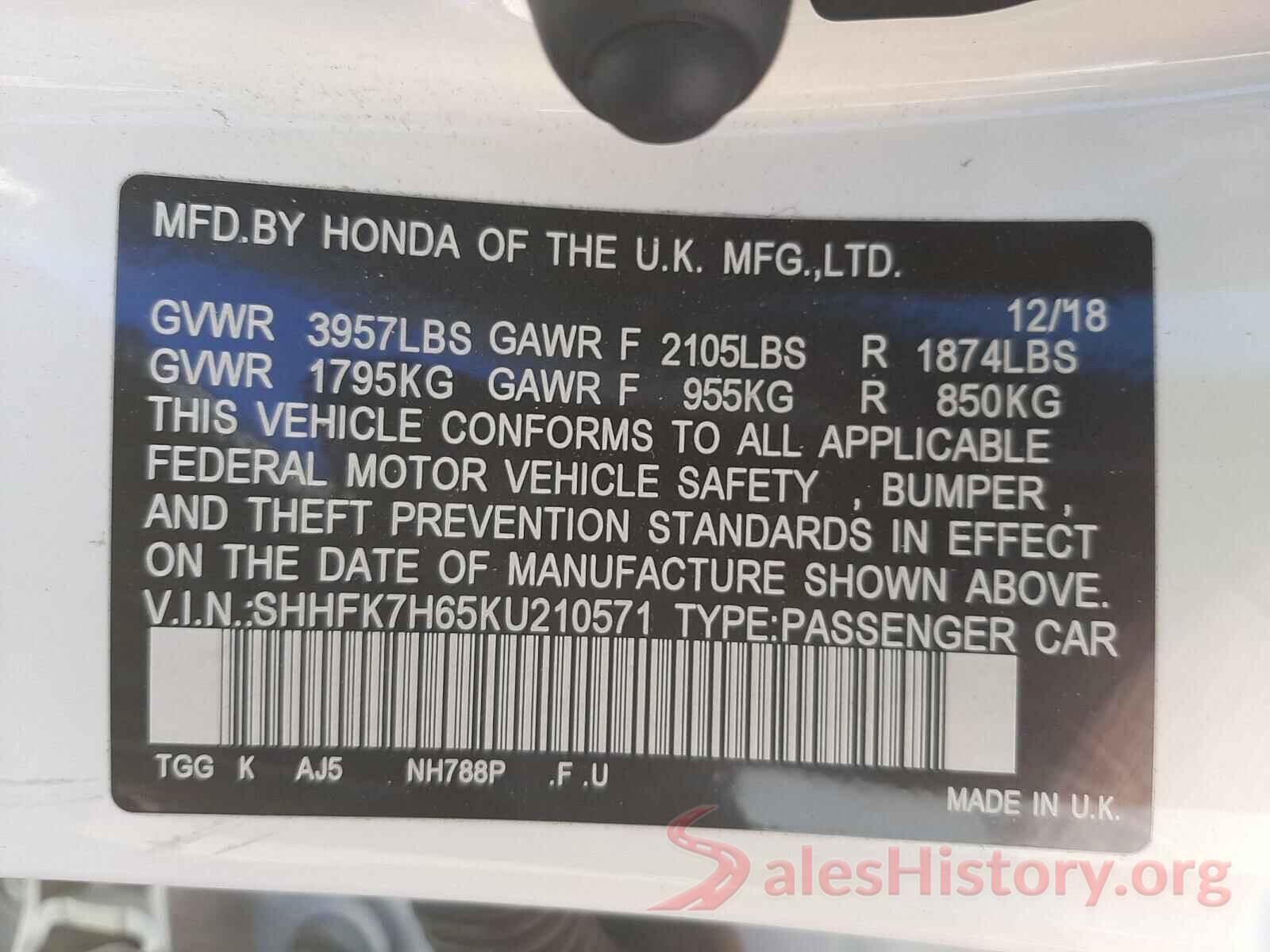 SHHFK7H65KU210571 2019 HONDA CIVIC