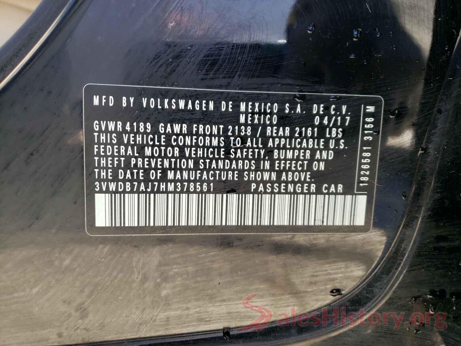 3VWDB7AJ7HM378561 2017 VOLKSWAGEN JETTA