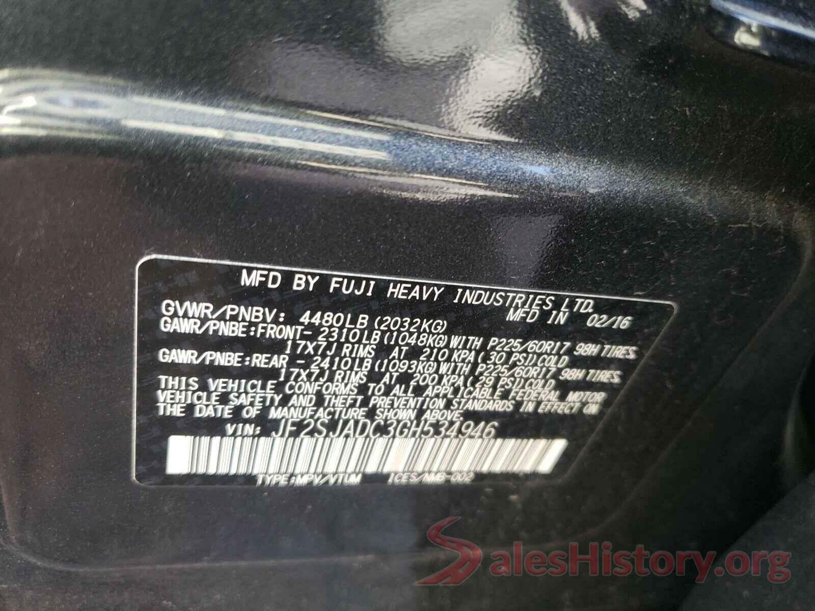 JF2SJADC3GH534946 2016 SUBARU FORESTER