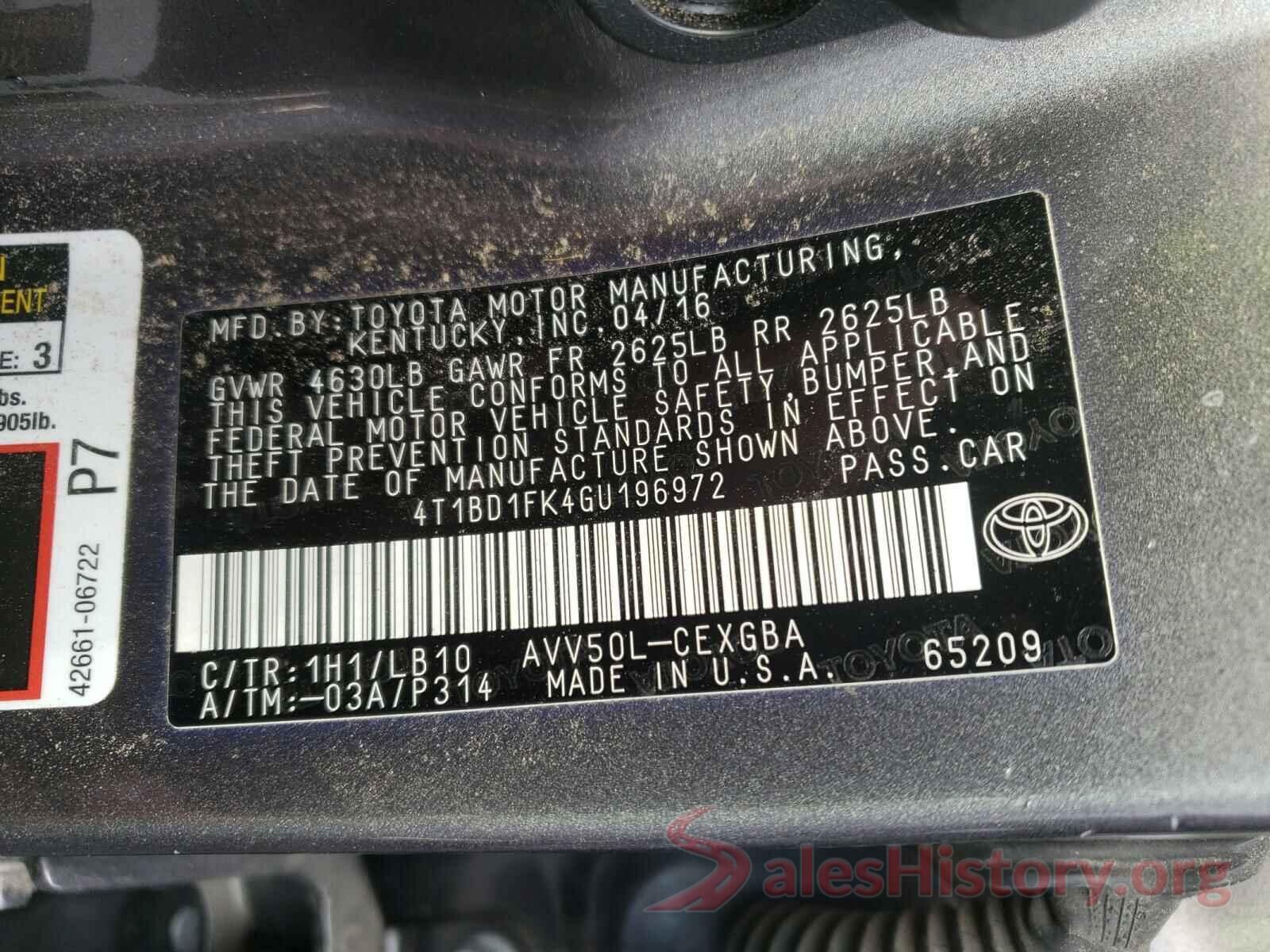 4T1BD1FK4GU196972 2016 TOYOTA CAMRY