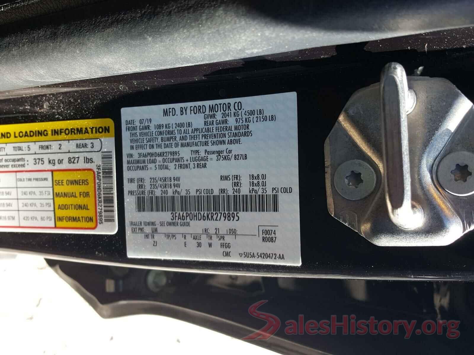 3FA6P0HD6KR279895 2019 FORD FUSION