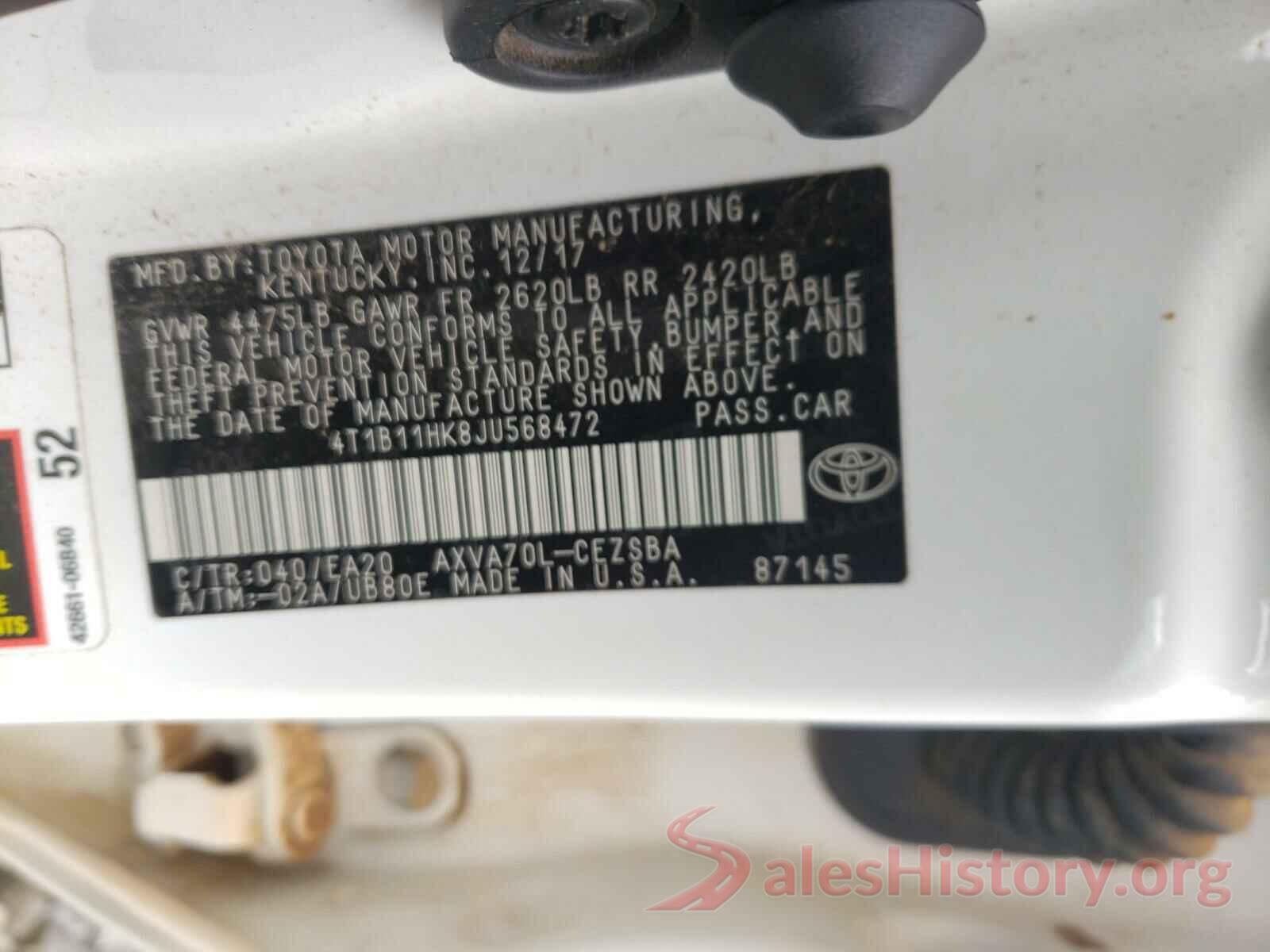 4T1B11HK8JU568472 2018 TOYOTA CAMRY