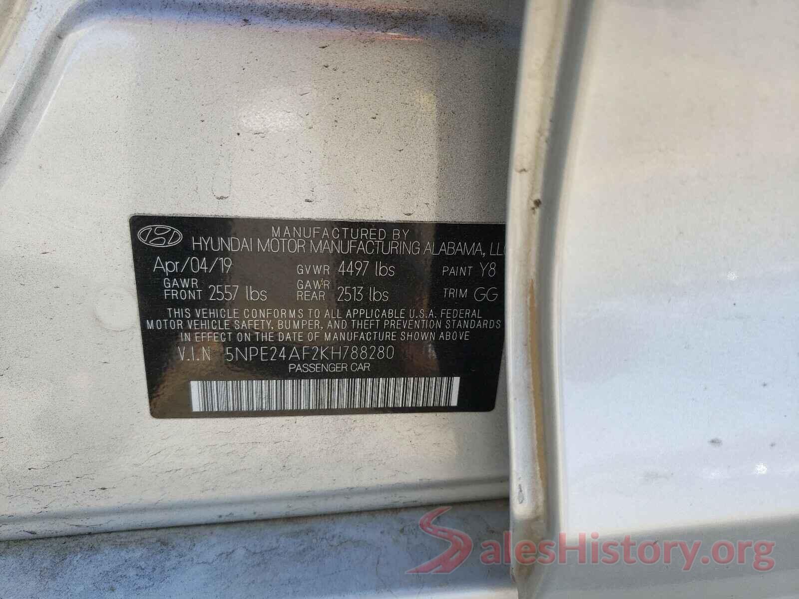 5NPE24AF2KH788280 2019 HYUNDAI SONATA