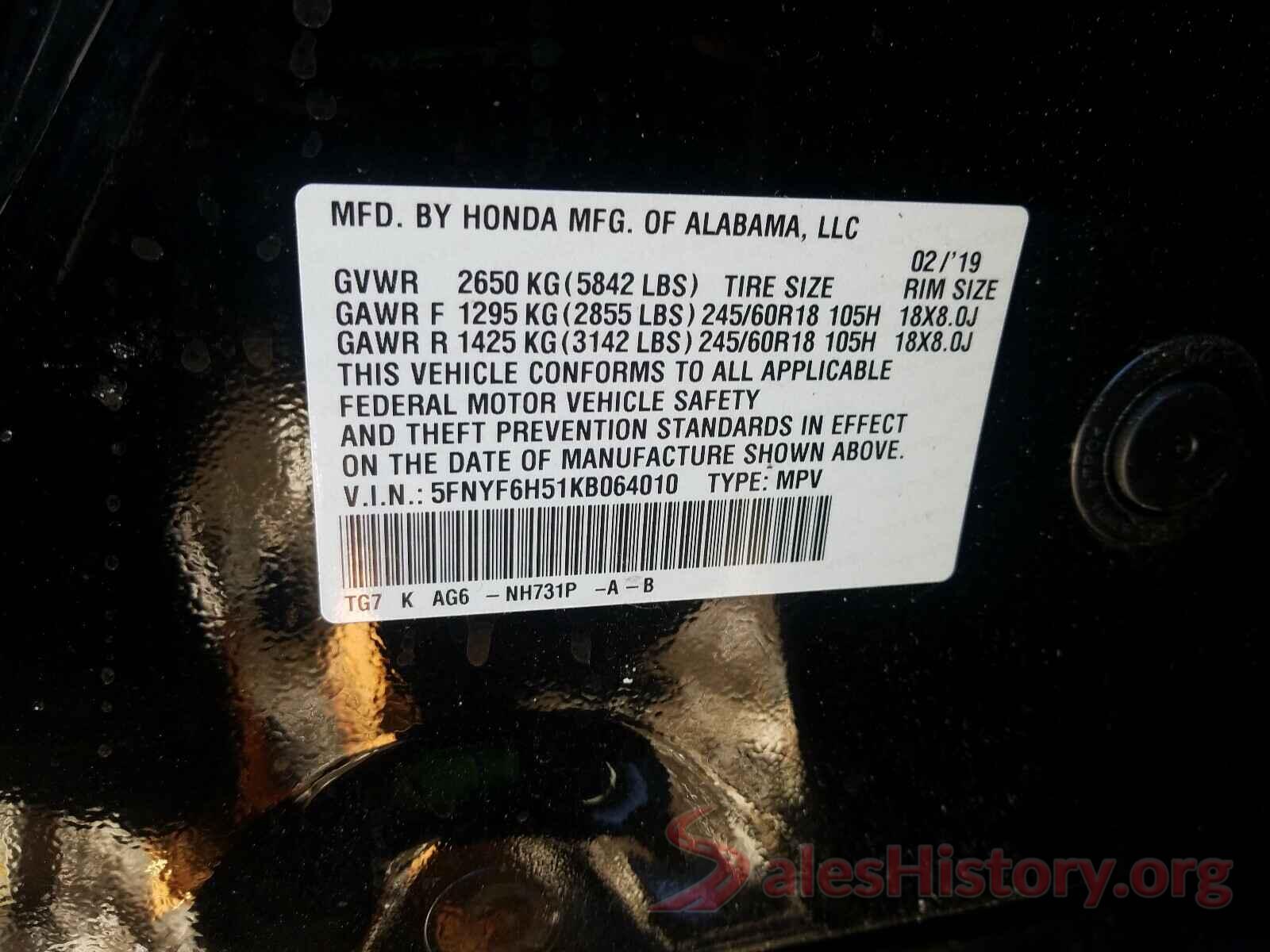 5FNYF6H51KB064010 2019 HONDA PILOT