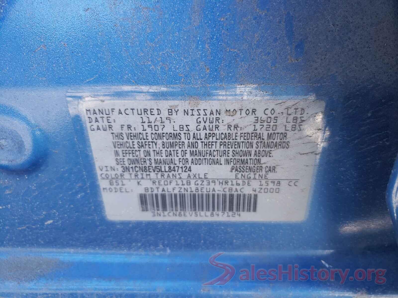 3N1CN8EV5LL847124 2020 NISSAN VERSA