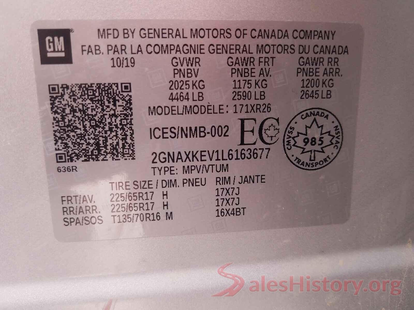 2GNAXKEV1L6163677 2020 CHEVROLET EQUINOX