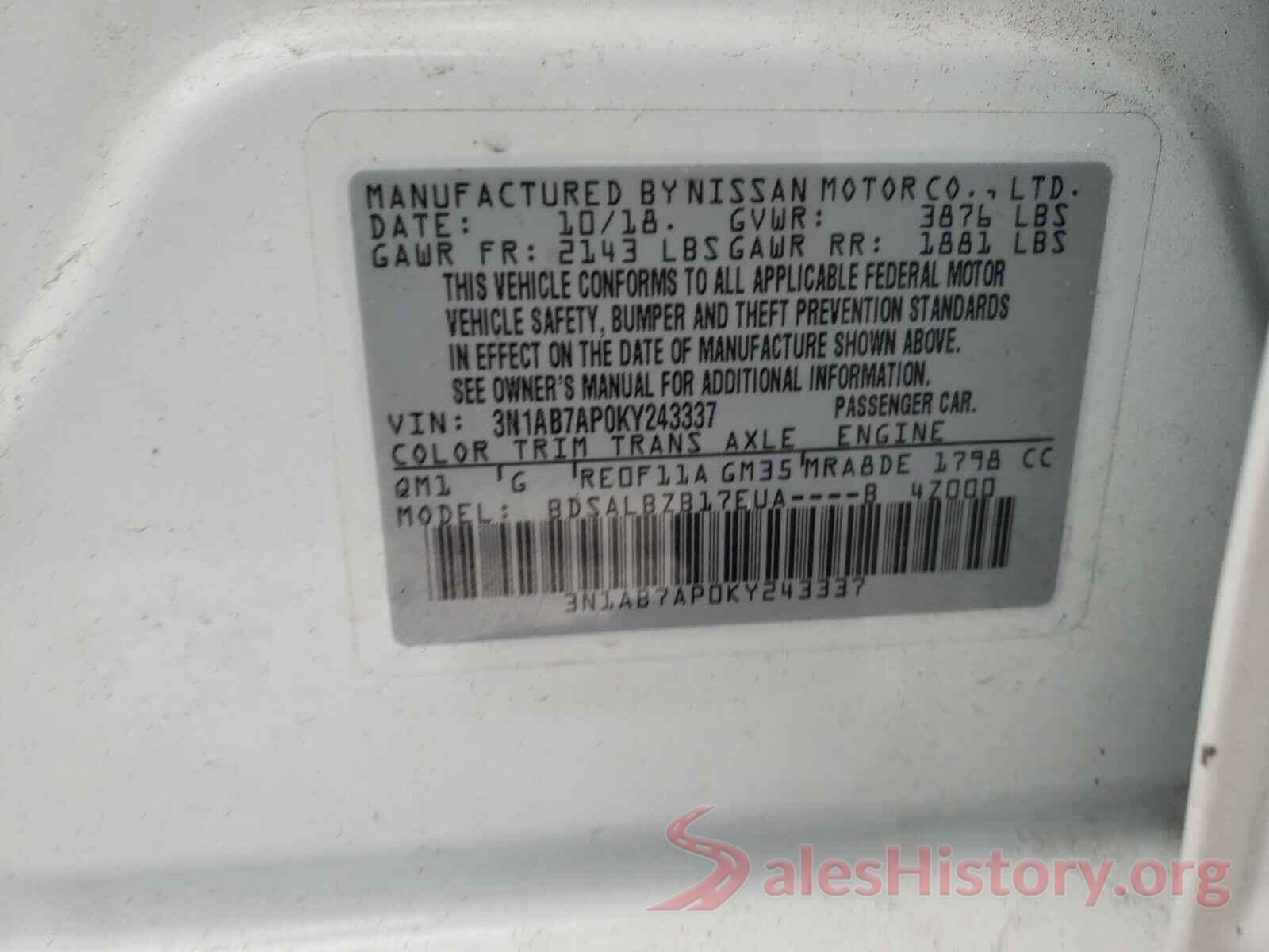 3N1AB7AP0KY243337 2019 NISSAN SENTRA