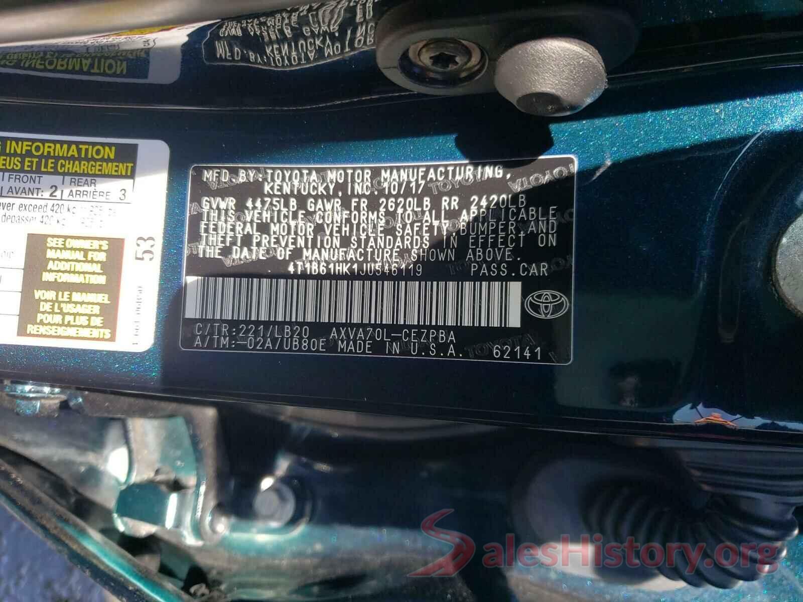 4T1B61HK1JU546119 2018 TOYOTA CAMRY