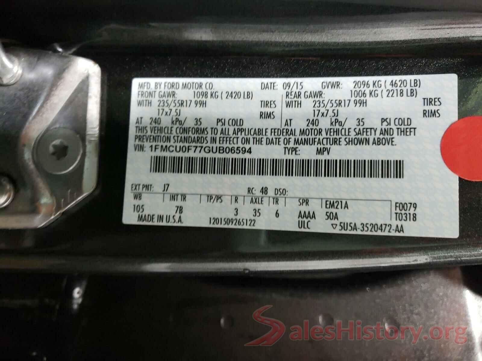 1FMCU0F77GUB06594 2016 FORD ESCAPE