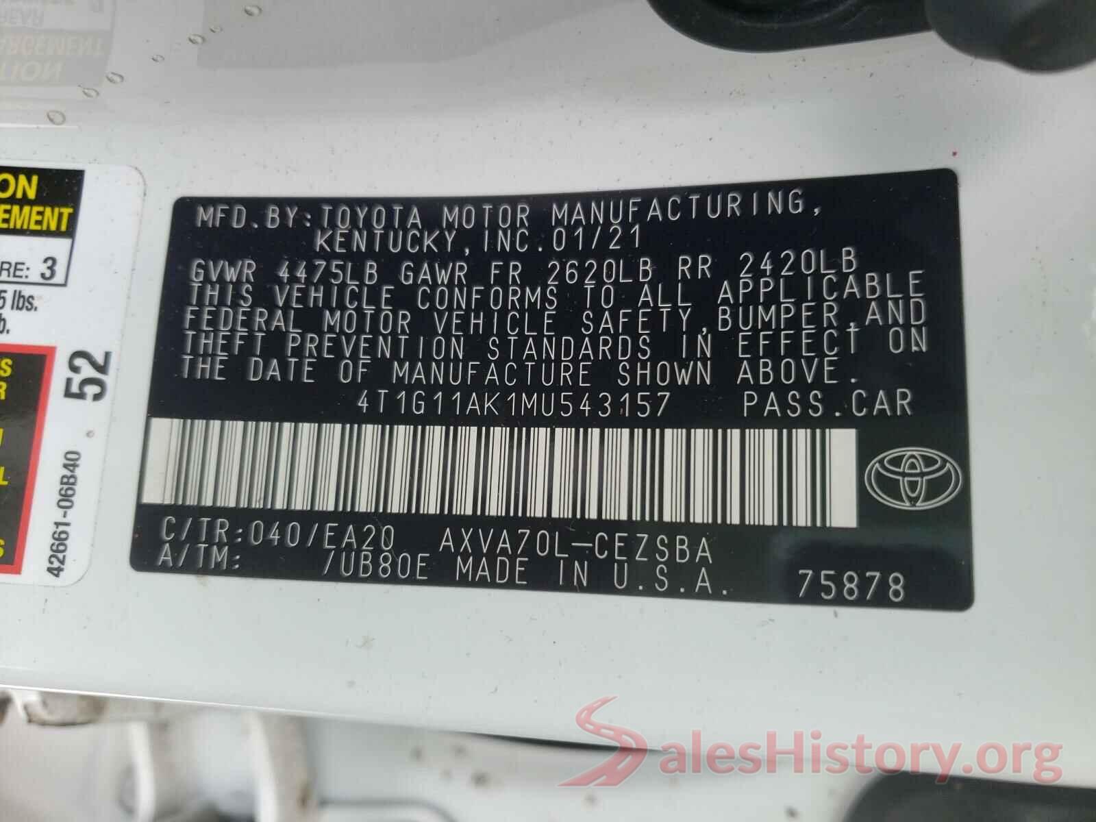 4T1G11AK1MU543157 2021 TOYOTA CAMRY