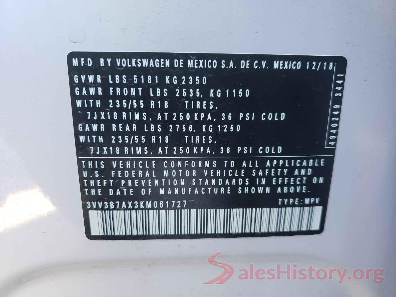 3VV3B7AX3KM061727 2019 VOLKSWAGEN TIGUAN