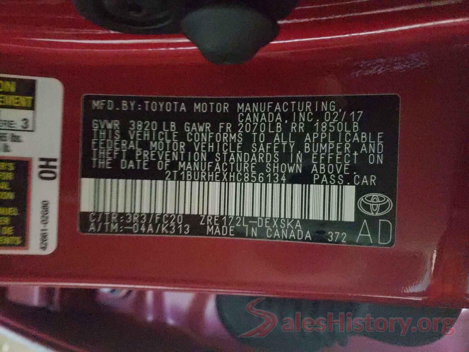 2T1BURHEXHC856134 2017 TOYOTA COROLLA