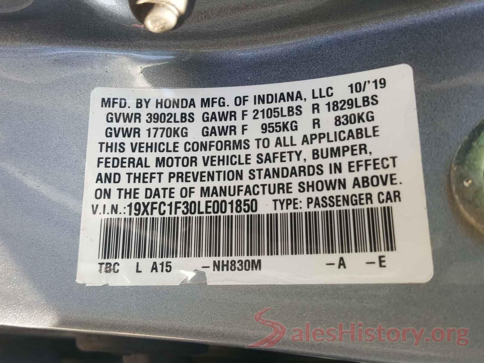 19XFC1F30LE001850 2020 HONDA CIVIC