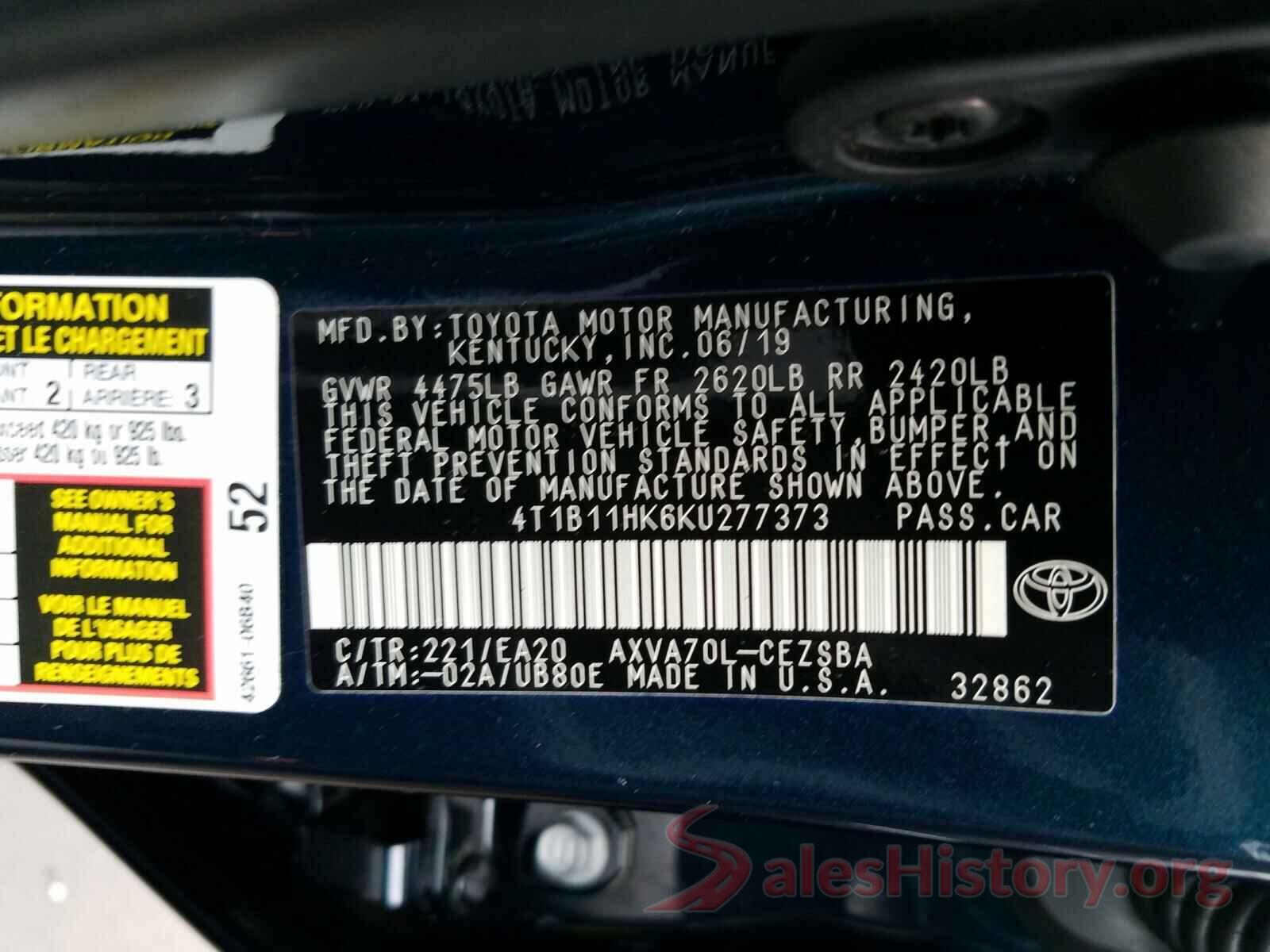 4T1B11HK6KU277373 2019 TOYOTA CAMRY