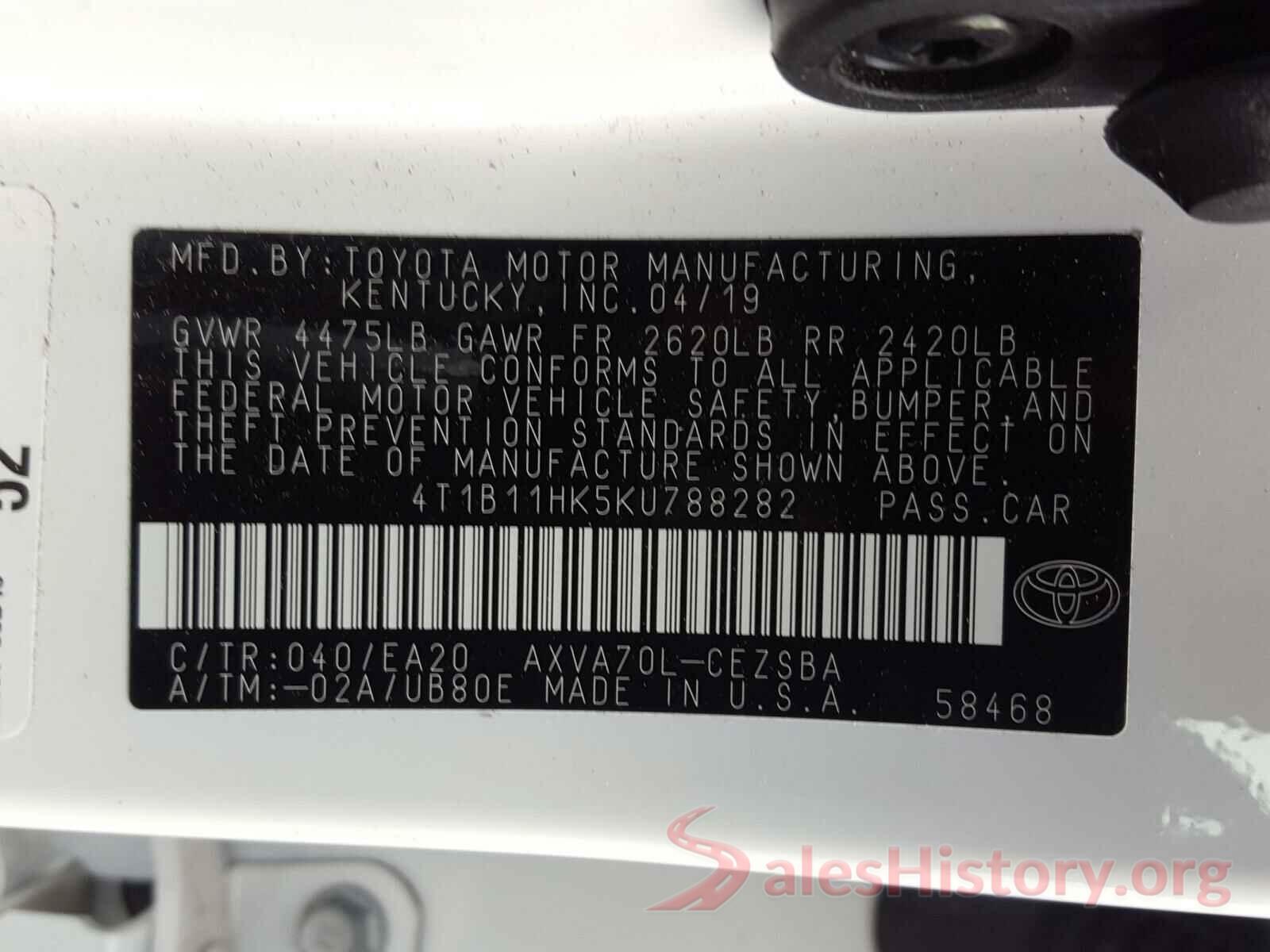 4T1B11HK5KU788282 2019 TOYOTA CAMRY