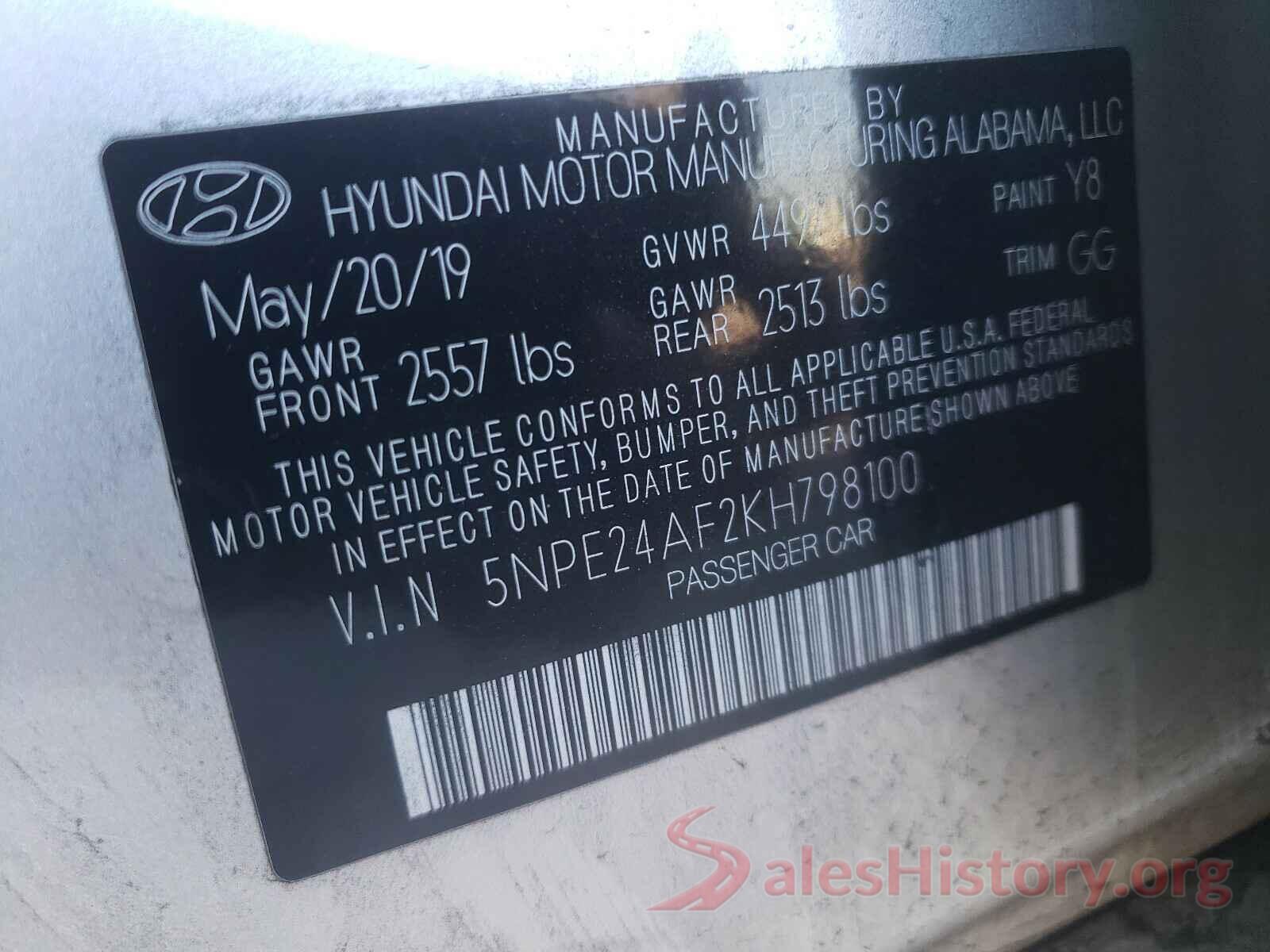 5NPE24AF2KH798100 2019 HYUNDAI SONATA