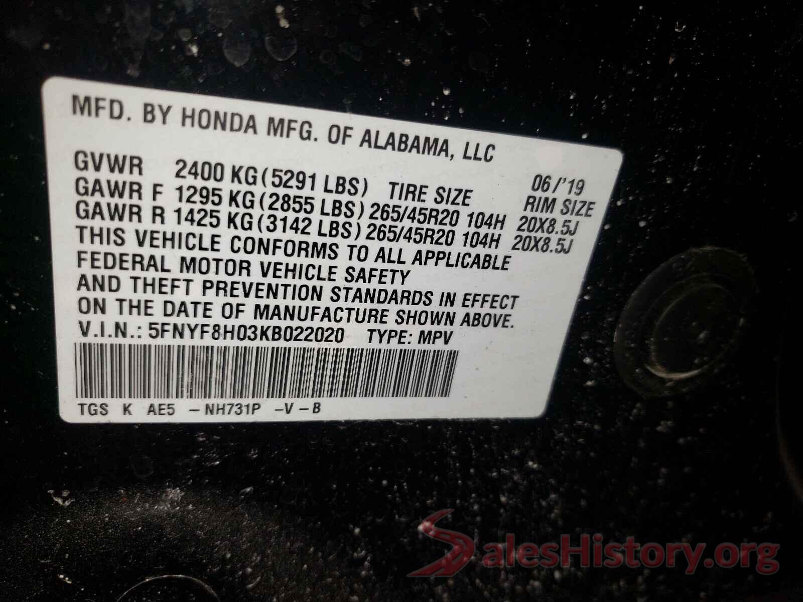 5FNYF8H03KB022020 2019 HONDA PASSPORT