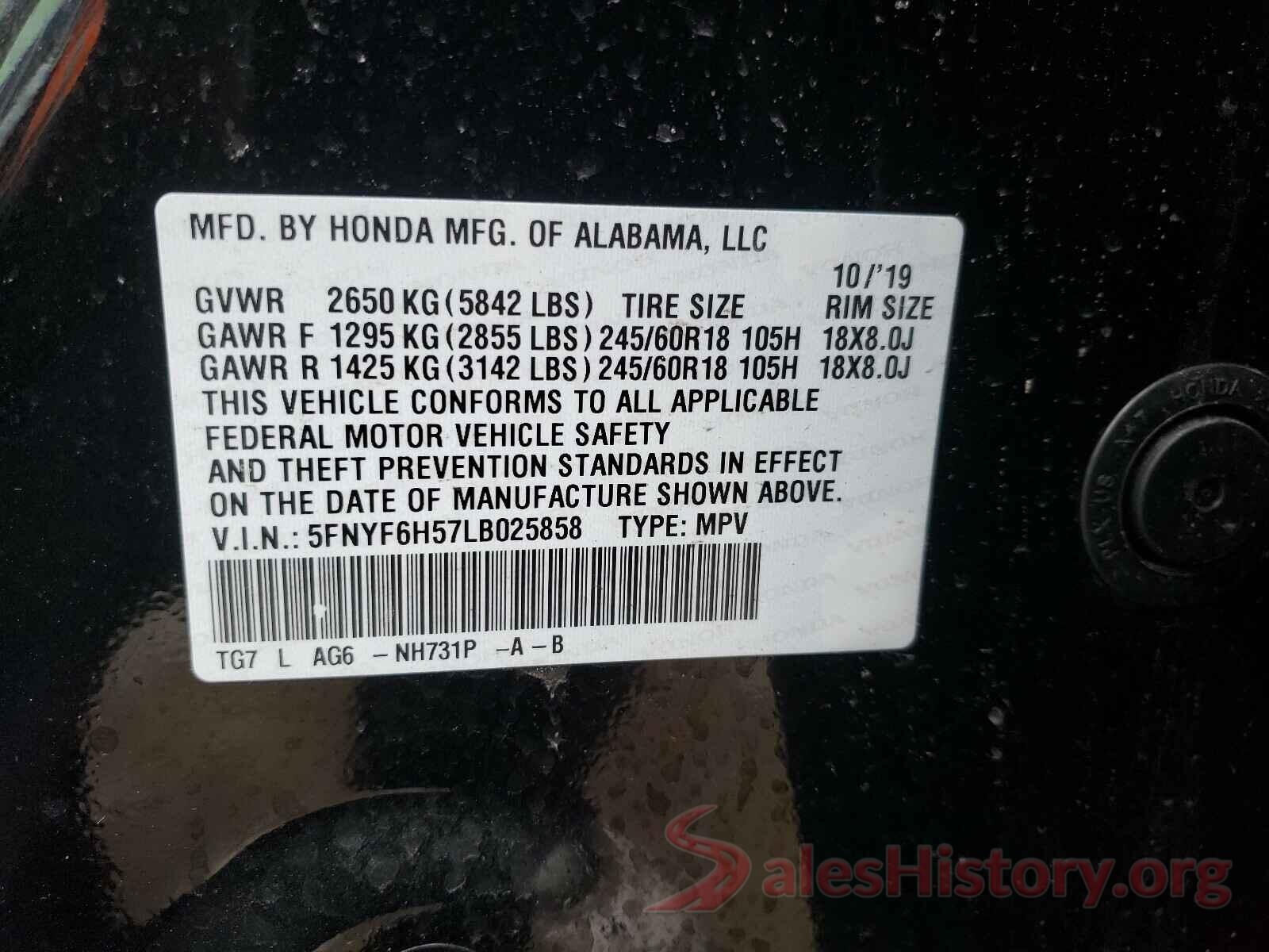 5FNYF6H57LB025858 2020 HONDA PILOT