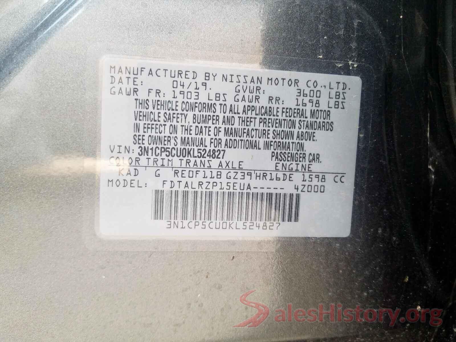 3N1CP5CU0KL524827 2019 NISSAN KICKS