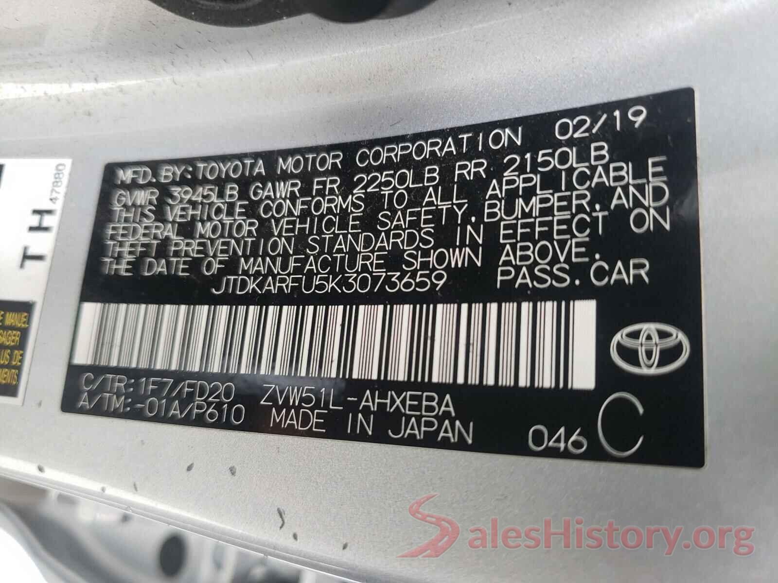 JTDKARFU5K3073659 2019 TOYOTA PRIUS