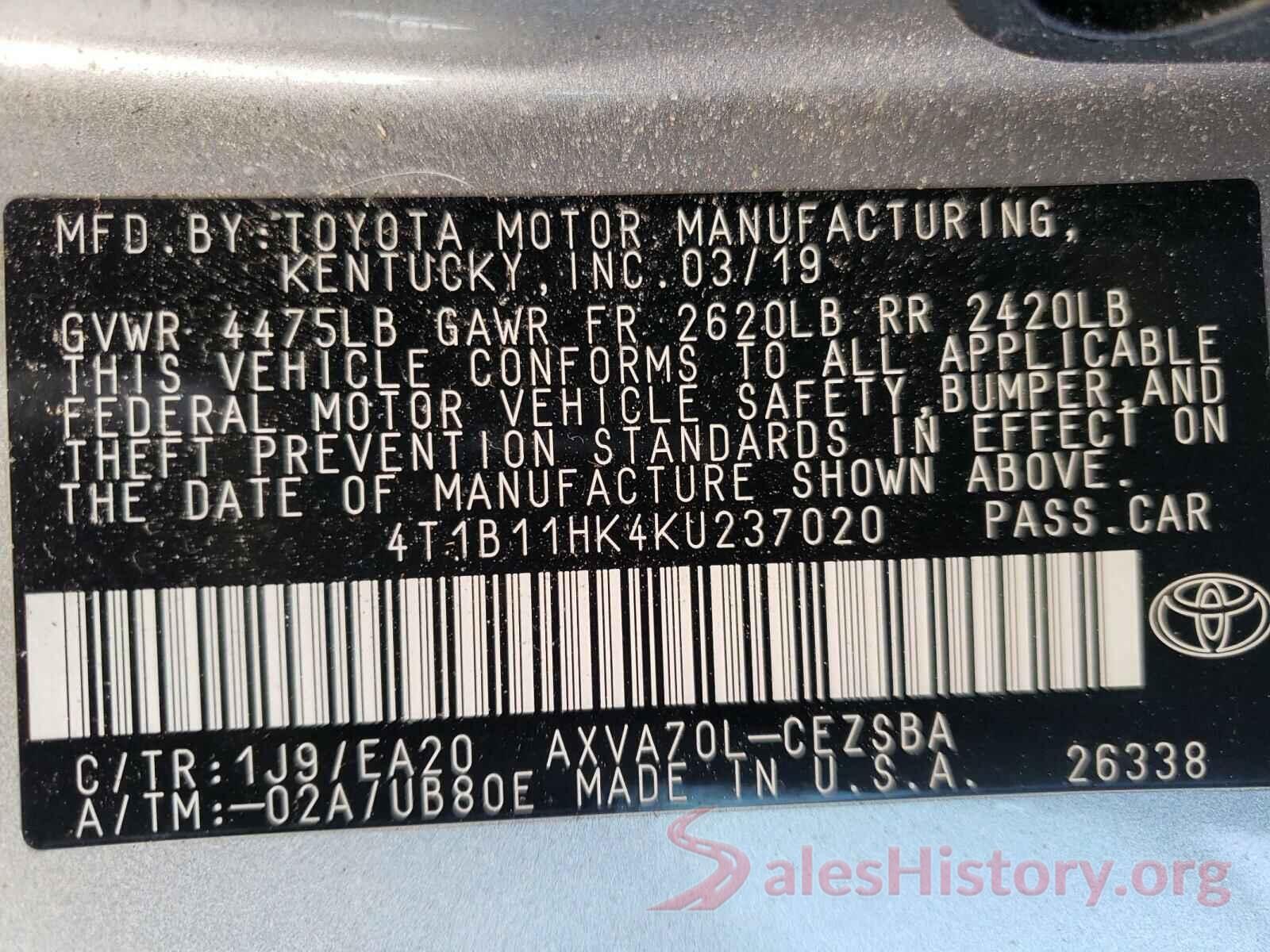 4T1B11HK4KU237020 2019 TOYOTA CAMRY