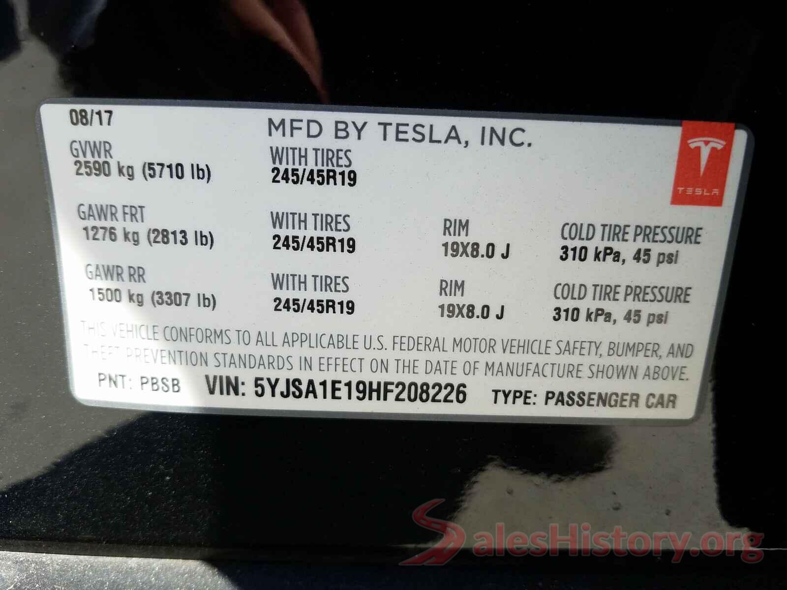 5YJSA1E19HF208226 2017 TESLA MODEL S