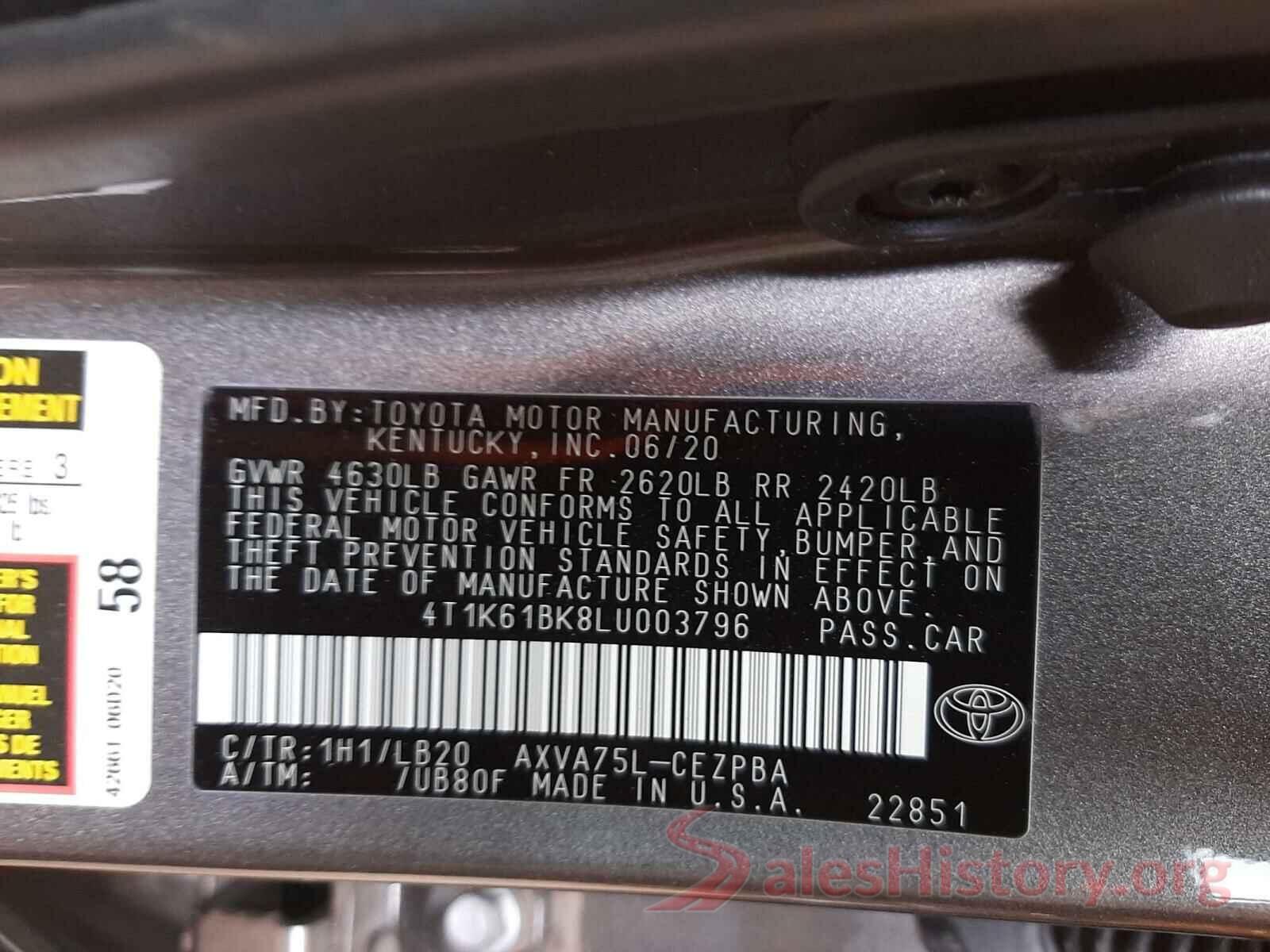 4T1K61BK8LU003796 2020 TOYOTA CAMRY