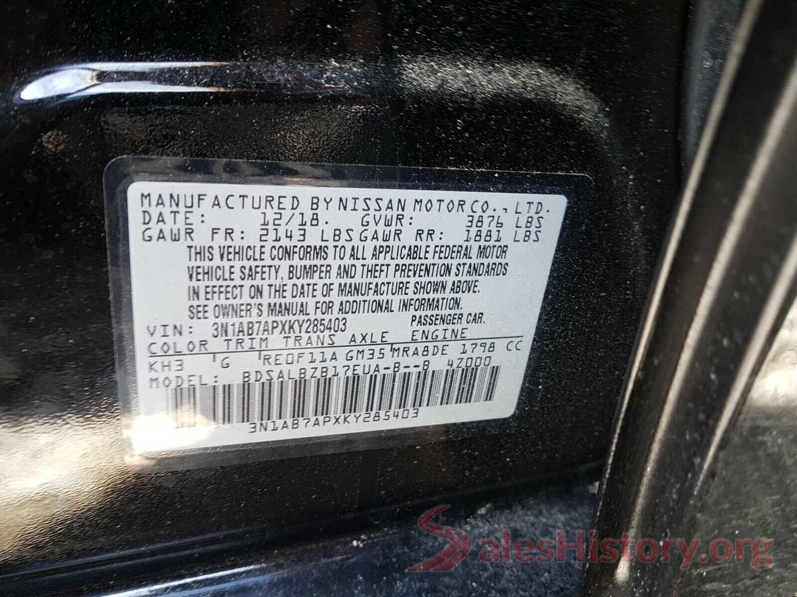 3N1AB7APXKY285403 2019 NISSAN SENTRA