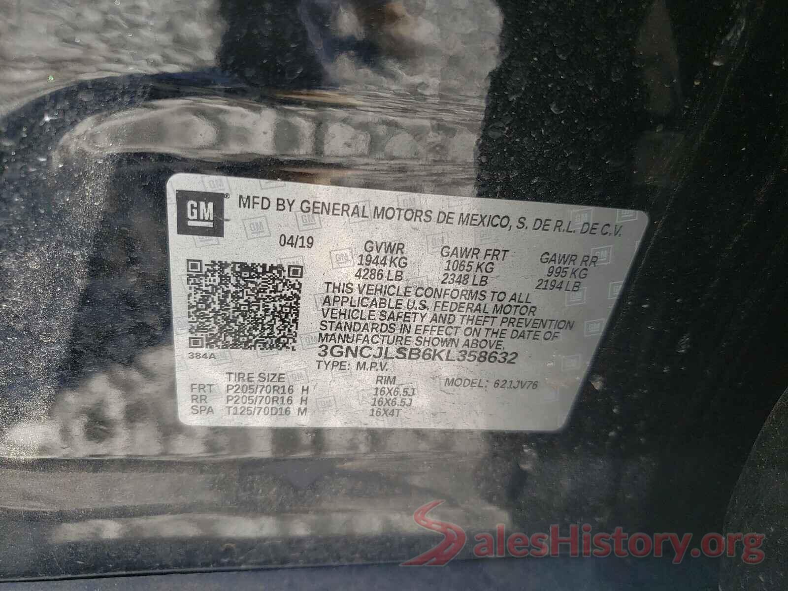 3GNCJLSB6KL358632 2019 CHEVROLET TRAX