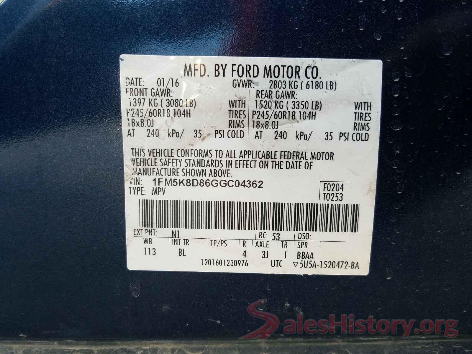 1FM5K8D86GGC04362 2016 FORD EXPLORER