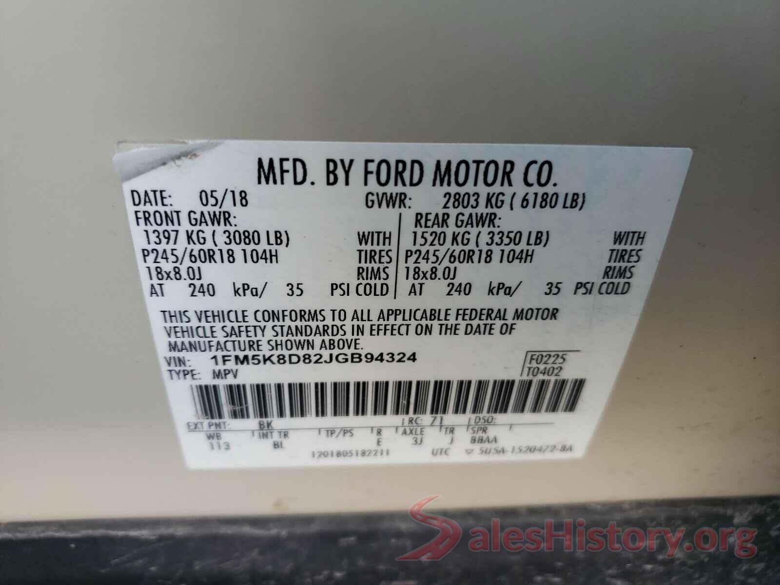 1FM5K8D82JGB94324 2018 FORD EXPLORER