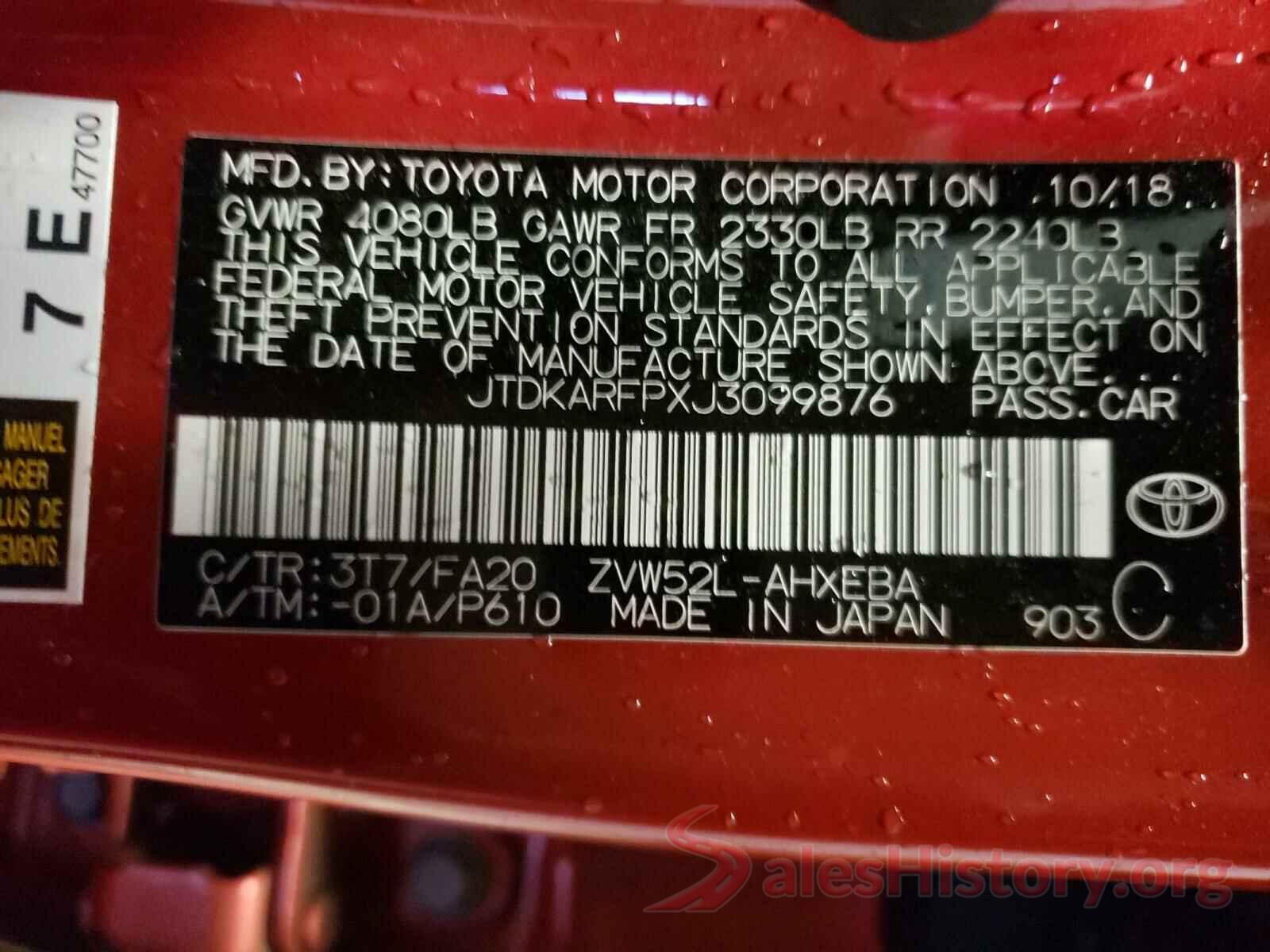 JTDKARFPXJ3099876 2018 TOYOTA PRIUS