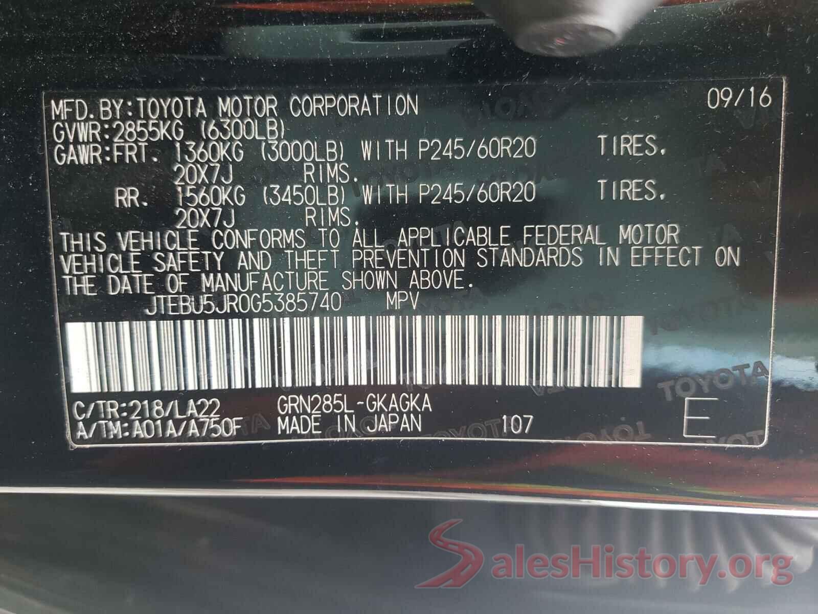 JTEBU5JR0G5385740 2016 TOYOTA 4RUNNER