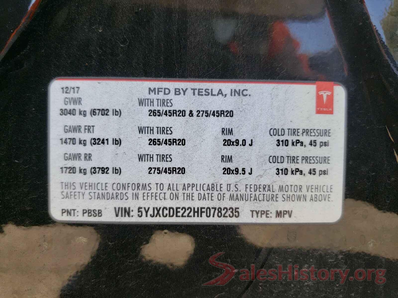 5YJXCDE22HF078235 2017 TESLA MODEL X