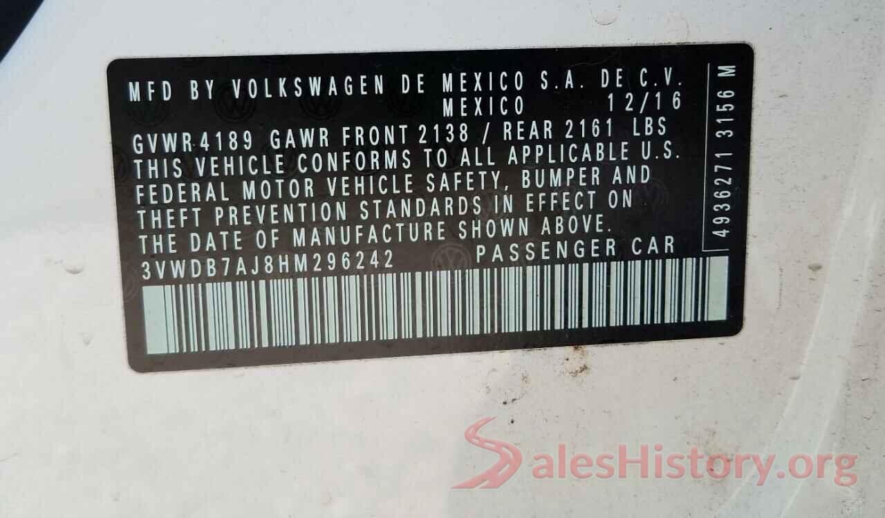 3VWDB7AJ8HM296242 2017 VOLKSWAGEN JETTA