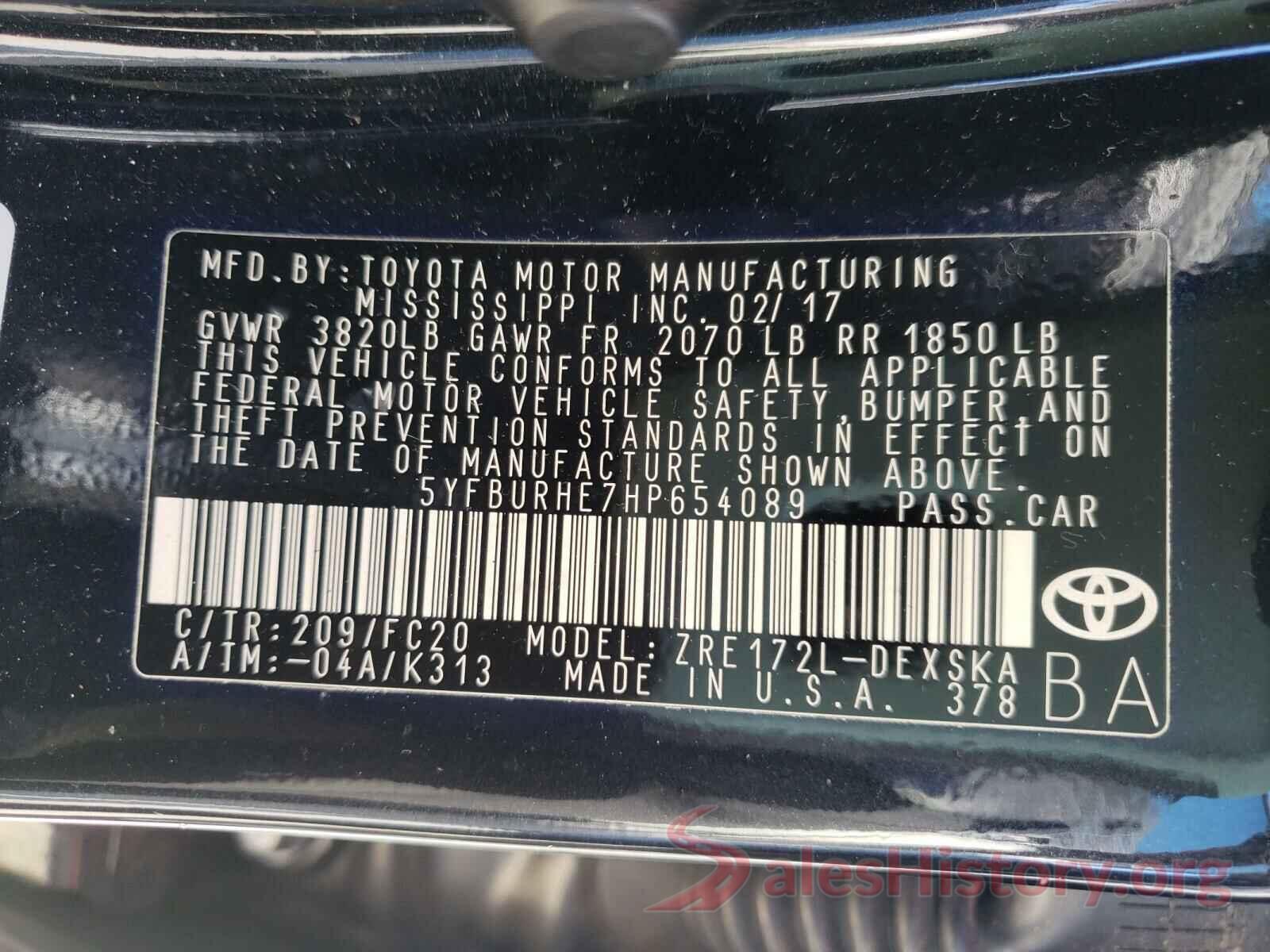 5YFBURHE7HP654089 2017 TOYOTA COROLLA