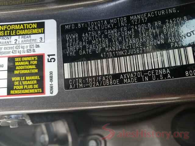 4T1B11HK2JU562117 2018 TOYOTA CAMRY