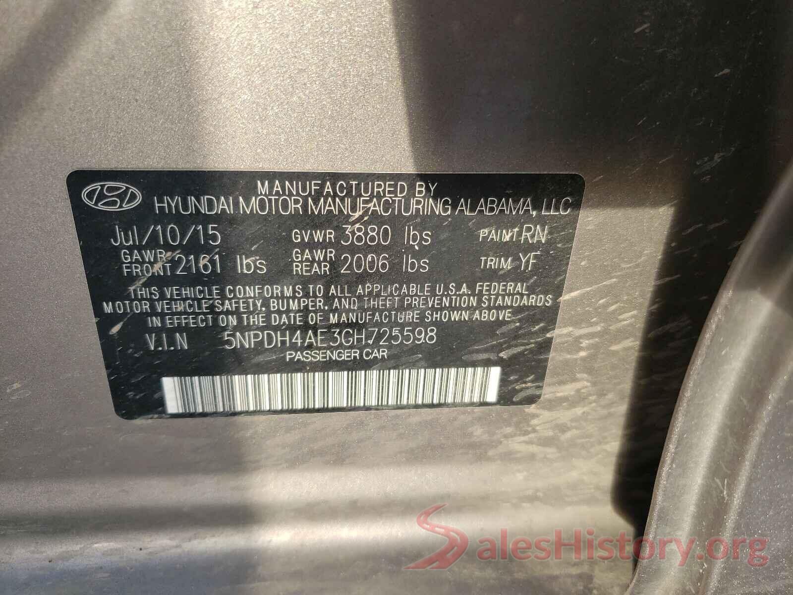 5NPDH4AE3GH725598 2016 HYUNDAI ELANTRA